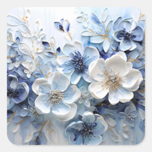 Pegatina Cuadrada Moderno Botánico Floral Azul Blanco Elegante