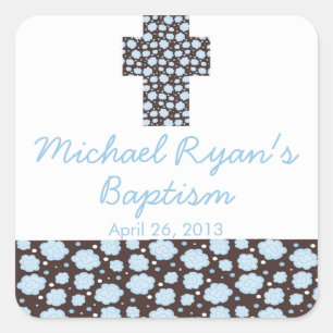 Pegatina Cuadrada Moderno Cross Blue Brown Floral Baptism Favor Seal
