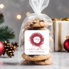 Pegatina Cuadrada Moderno Festivo Horneado Con Amor Wreath Red Berry