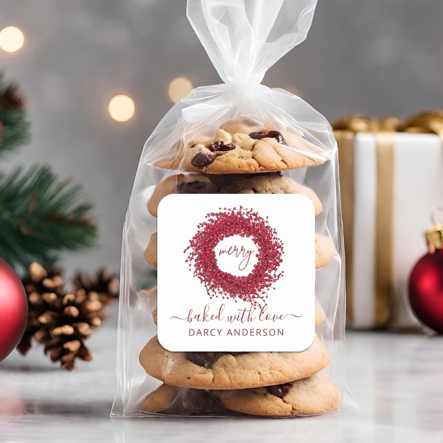 Pegatina Cuadrada Moderno Festivo Horneado Con Amor Wreath Red Berry (Festive Modern Baked With Love Red Berry Wreath Square Sticker)