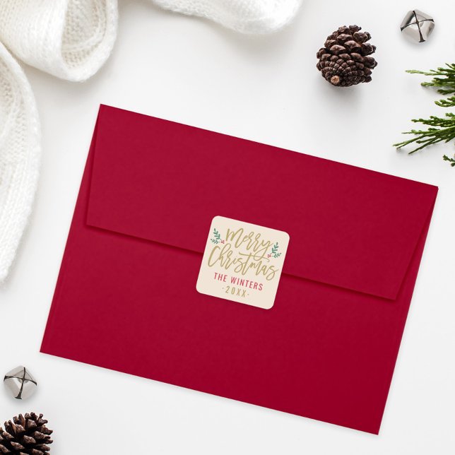 Pegatina Cuadrada Moderno guión de oro Feliz Personalizado navideño (Subido por el creador)