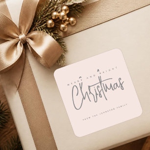 Pegatina Cuadrada Moderno guión simple de Navidad Alegre y Brillante