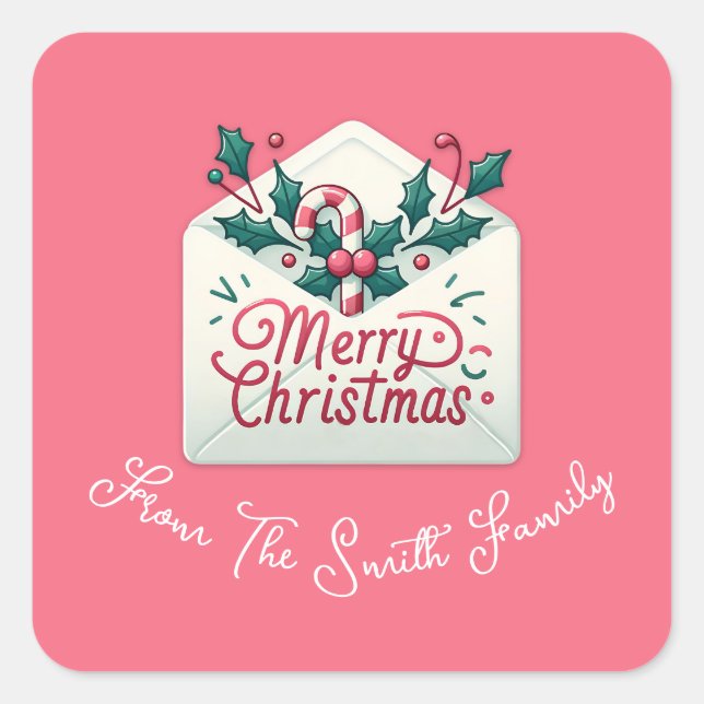 Pegatina Cuadrada Moderno Merry Mail Whimsical Navidades Nombre pers (Anverso)