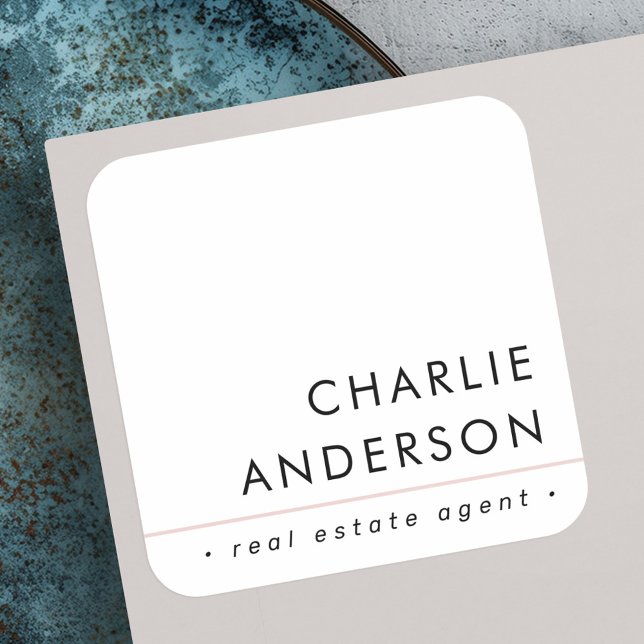 Pegatina Cuadrada Moderno minimal rosa claro línea blanco profesiona (Modern minimal blush pink line white professional square sticker)