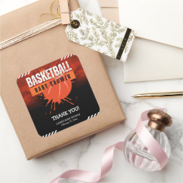 Pegatina Cuadrada Moderno Naranja de baloncesto Ball Baby Shower