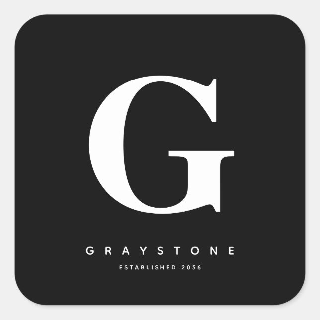 Pegatina Cuadrada Moderno negrita Monograma Nombre inicial Negro y B (Anverso)