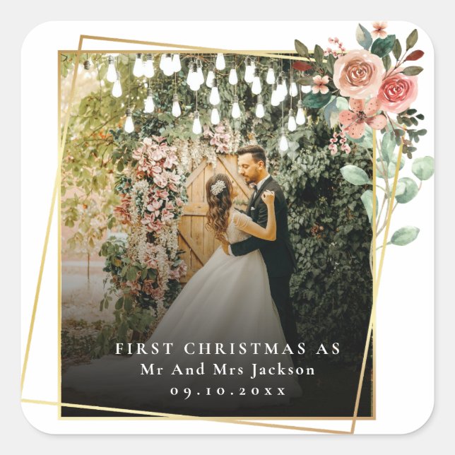 Pegatina Cuadrada Moderno Nuestro Primer Navidad Como Sr Y Sra Flora (Anverso)