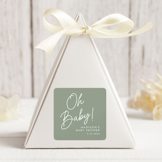 Pegatina Cuadrada Moderno Oh Baby Script Sage Green Baby Shower (Subido por el creador)