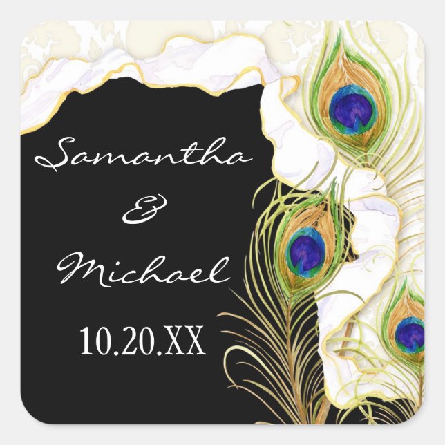 Pegatina Cuadrada Moderno Peacock Feathers Faux Ribbon Damask Swirl (Anverso)