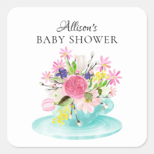 Pegatina Cuadrada Moderno Peony Floral Baby ShowerTea