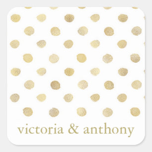 Pegatina Cuadrada Moderno Polka Blanco y Oro Dots Wedding Favor