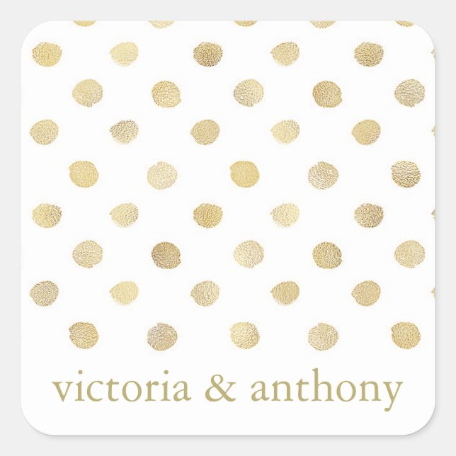 Pegatina Cuadrada Moderno Polka Blanco y Oro Dots Wedding Favor (Anverso)