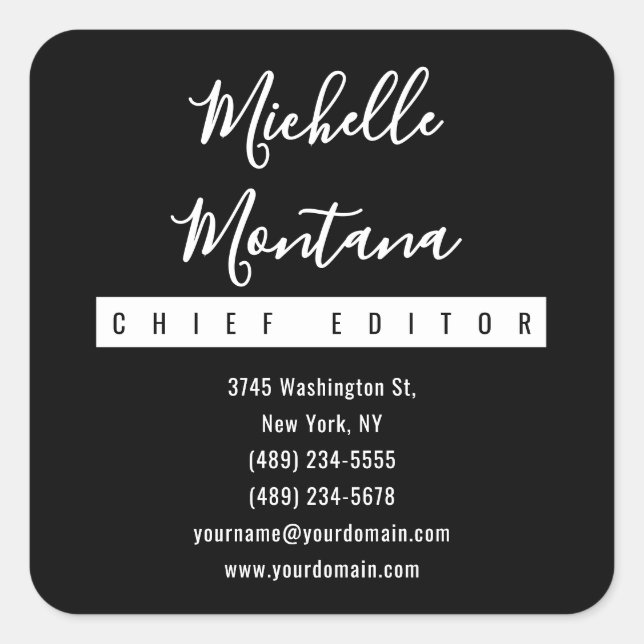 Pegatina Cuadrada Moderno profesional negro minimalista (Anverso)