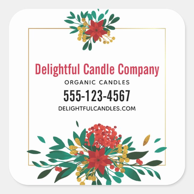 Pegatina Cuadrada Moderno Red Green & Gold Navidades Floral Business (Anverso)