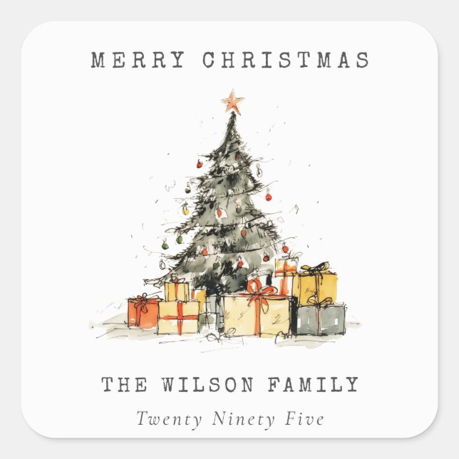 Pegatina Cuadrada Moderno Sketchy Holiday Navidad Árbol Regalos Foto (Anverso)