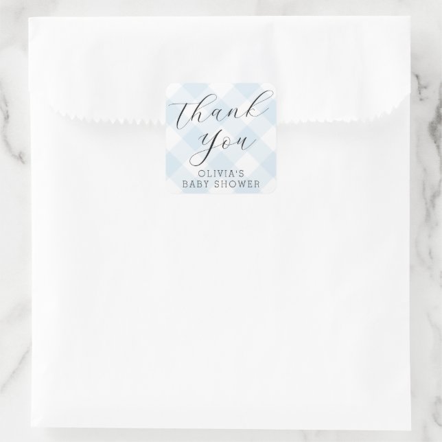 Pegatina Cuadrada Moderno + Sweet Light Blue Gingham Baby Shower (Bolso)