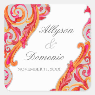 Pegatina Cuadrada Moderno Swirl Flourish Heart Tangerine Hot Pink