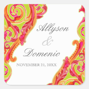 Pegatina Cuadrada Moderno Swirl Flourish Heart Tangerine Lime Green