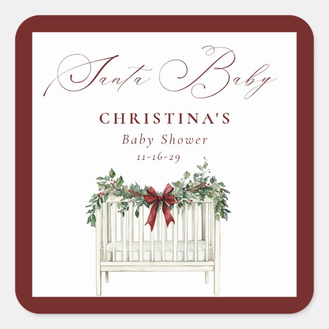 Pegatina Cuadrada Moderno y elegante Baby Shower Santa Bebé (Anverso)