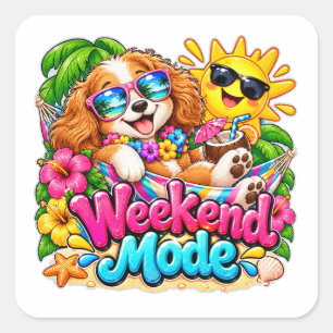 Pegatina Cuadrada Modo Fin de Semana Cachorro Tropical