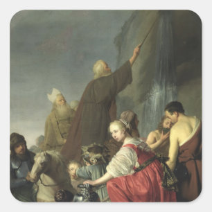 Pegatina Cuadrada Moisés golpeando el agua desde la roca