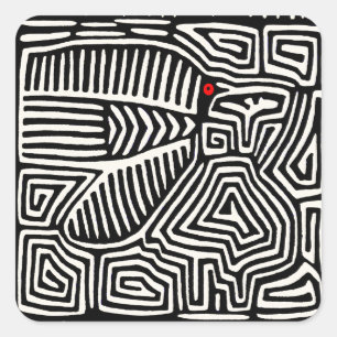 Pegatina Cuadrada Mola Pájaro Indio Kuna de Panamá - Blanco Negro