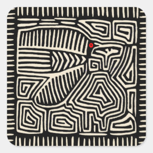 Pegatina Cuadrada Mola Pájaro Indio Kuna de Panamá - Blanco Negro