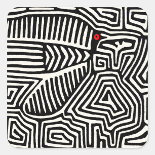 Pegatina Cuadrada Mola Pájaro Indio Kuna de Panamá - Blanco Negro