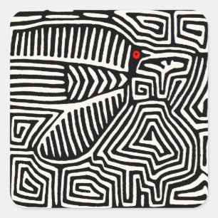 Pegatina Cuadrada Mola Pajaro Indio Kuna de Panamá - Blanco Negro