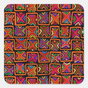 Pegatina Cuadrada Mola tribal Kuna Checks - Rojo