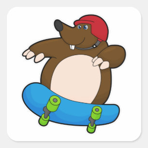 Pegatina Cuadrada Mole como Skater con Skateboard y Helmet