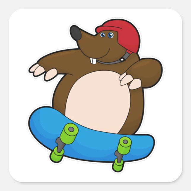 Pegatina Cuadrada Mole como Skater con Skateboard y Helmet (Anverso)