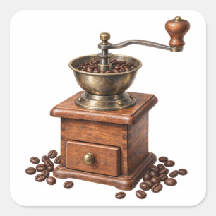Pegatina Cuadrada Molino de café vintage acuarela