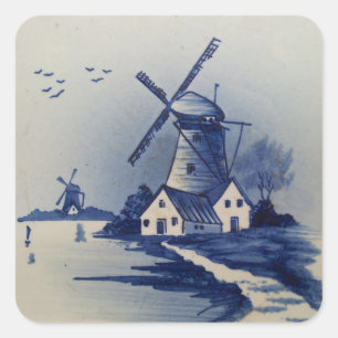 Pegatina Cuadrada Molino de viento azul vintage Delft