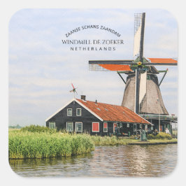 Pegatina Cuadrada Molino de viento de Zaanse Schans Acuarela Patrimo