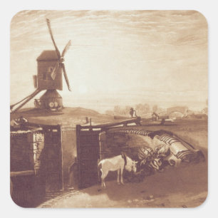 Pegatina Cuadrada Molino de viento y cerradura de José Mallord