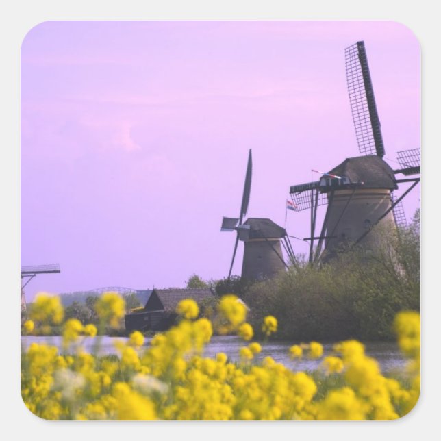 Pegatina Cuadrada Molinos de viento a lo largo del canal de Kinderdi (Anverso)