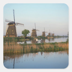 Pegatina Cuadrada Molinos de viento, Kinderdijk, Países Bajos