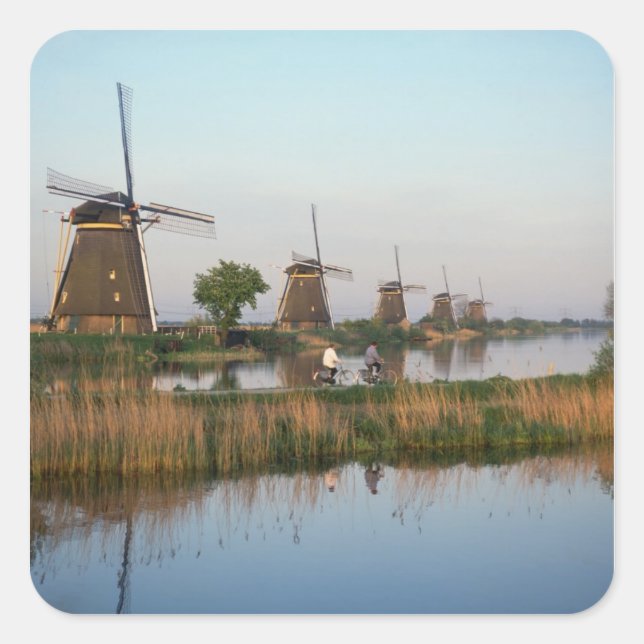 Pegatina Cuadrada Molinos de viento, Kinderdijk, Países Bajos (Anverso)