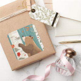 Pegatina Cuadrada Momentos de otoño acogedores con un oso de Woodlan