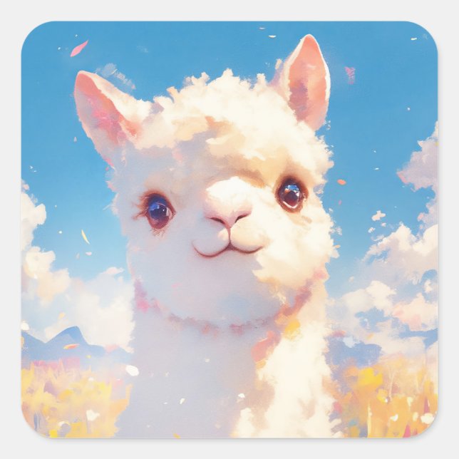 Pegatina Cuadrada Momentos del prado de la Alpaca (Anverso)