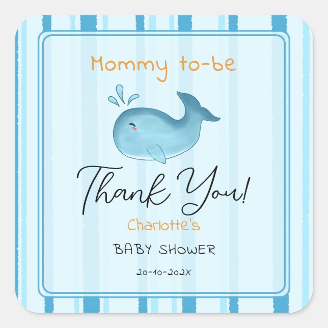 Pegatina Cuadrada Mommy To Be Cute Whale Baby Shower (Anverso)