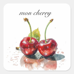 Pegatina Cuadrada Mon Cherry, dos cerezas acuarela personalizable