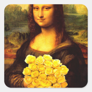 Pegatina Cuadrada Mona Lisa Con Bouquet De Rosas Amarillas