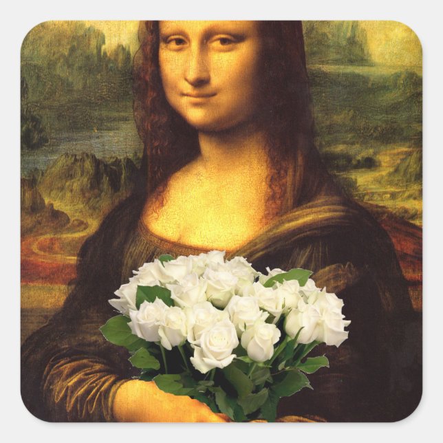 Pegatina Cuadrada Mona Lisa Con Bouquet De Rosas Blancas (Anverso)