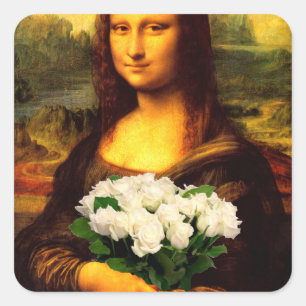Pegatina Cuadrada Mona Lisa Con Bouquet De Rosas Blancas