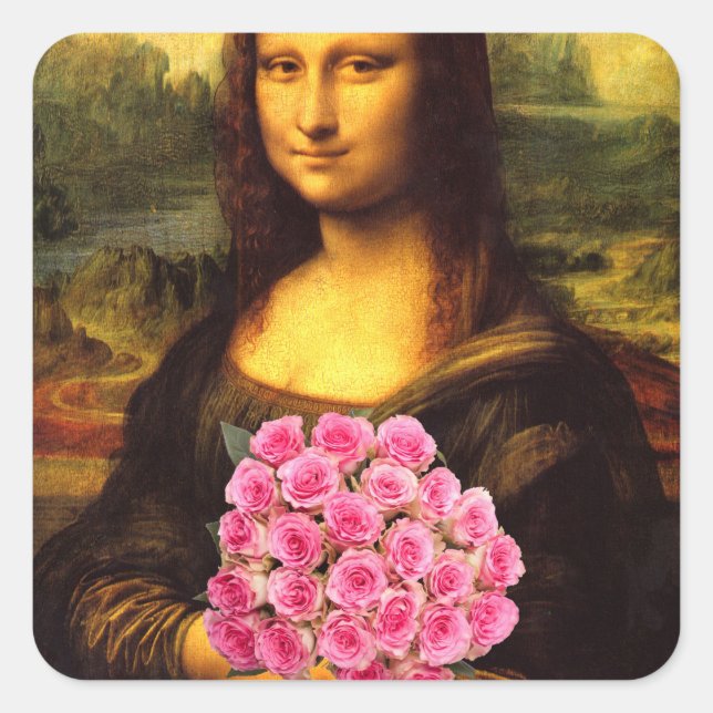Pegatina Cuadrada Mona Lisa Con Bouquet De Rosas Rosa (Anverso)
