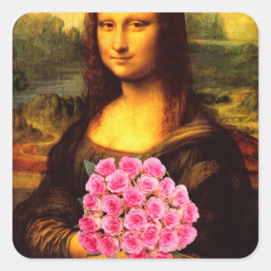 Pegatina Cuadrada Mona Lisa Con Bouquet De Rosas Rosa
