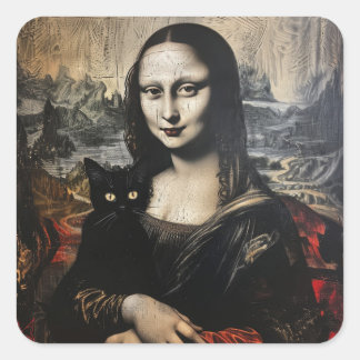 Pegatina Cuadrada Mona Lisa con gato