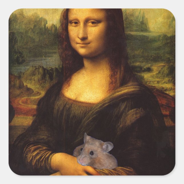 Pegatina Cuadrada Mona Lisa Con Hamster (Anverso)